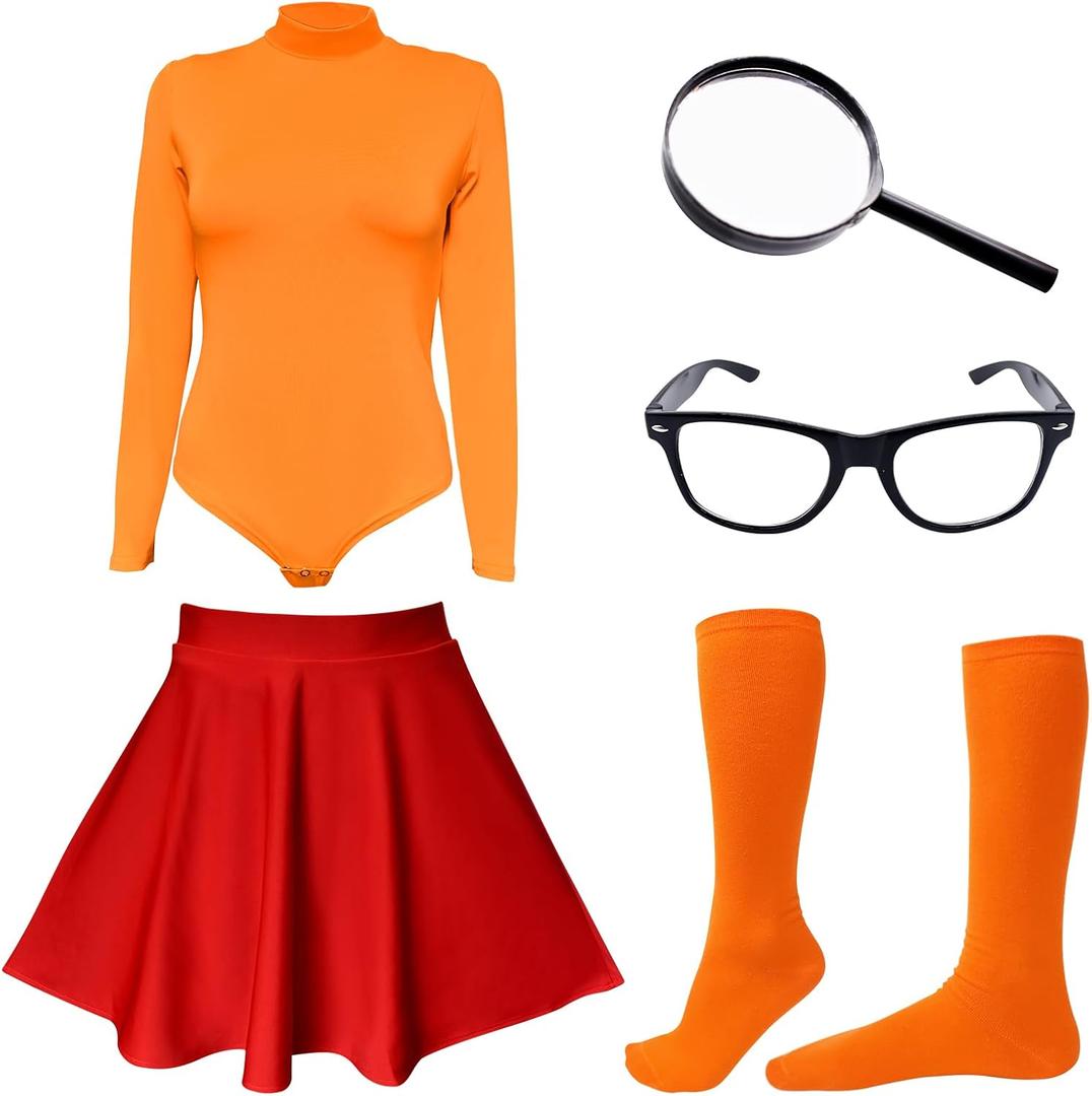 Halloween Costume for Women, Sexy Long Sleeve Leotard Turtleneck Tops Bodysuit, Skater Skirt, Magnifying Glass, Socks and Glasses (Orange&Red, Medium)