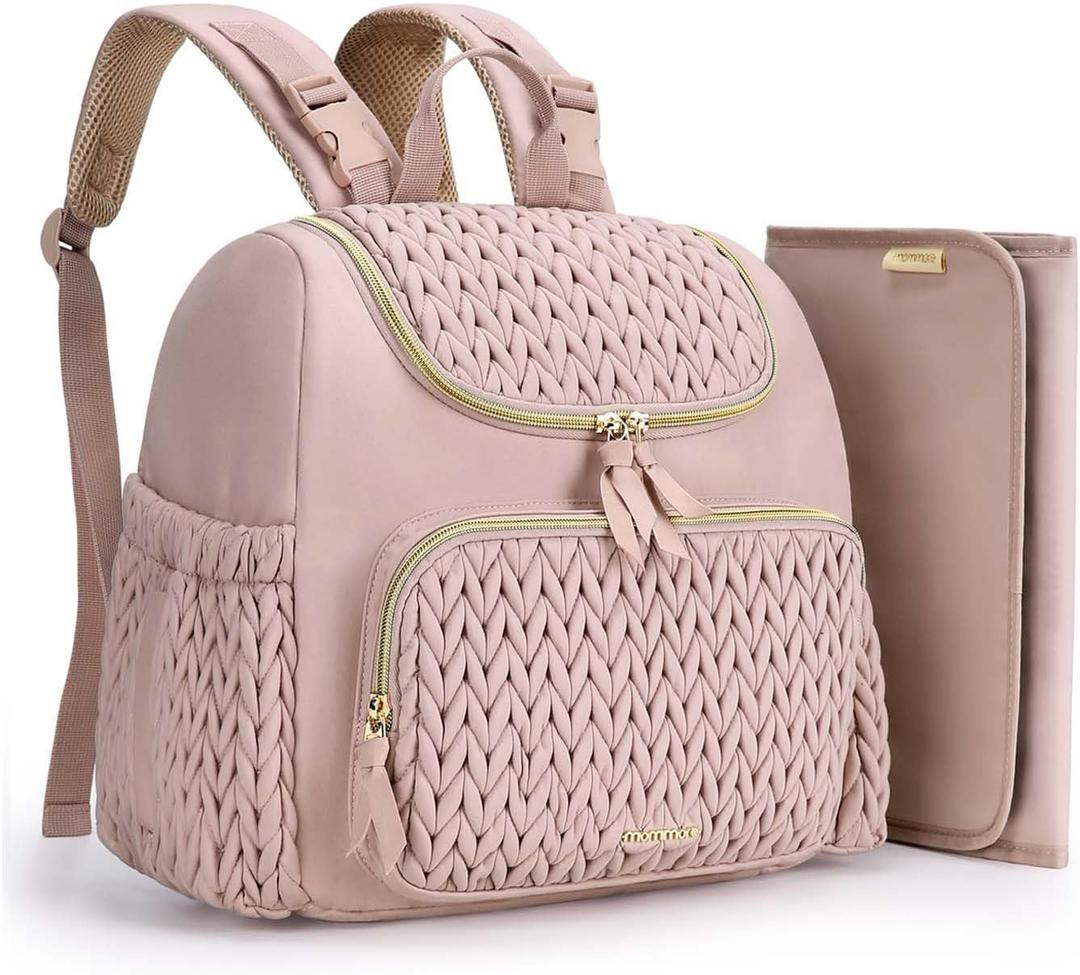 Mommore Diaper Bag Backpack, Stylish Travel Baby Bag with Insulated Pockets, Changing Pad and Stroller Straps for Toddler (S-Pink, Small-17L)