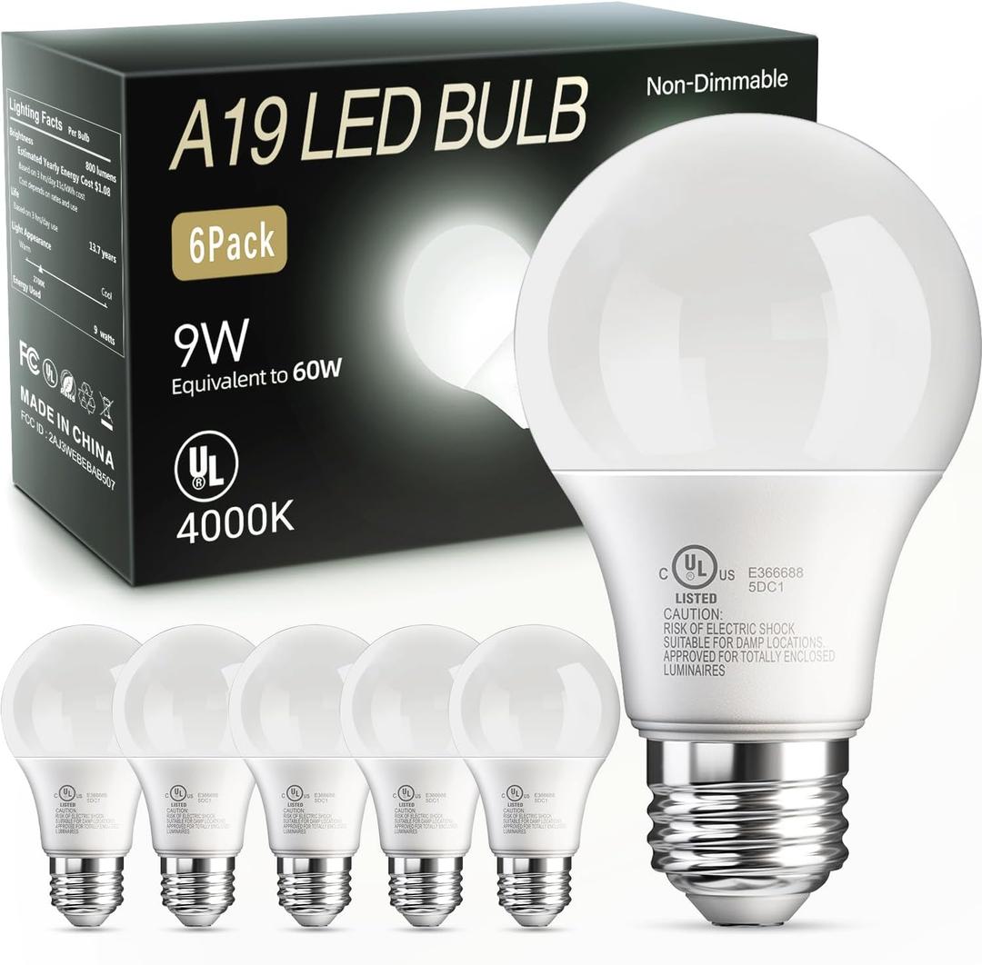 TJOY 6 Pack A19 LED Light Bulbs, 60 Watt Equivalent LED Bulb, Efficient 9W, Cool White 4000K, E26 Standard Base, Neutral White Lightbulb, Non Dimmable, Energy Saving, 800LM, 80 CRI, 120V, UL Listed