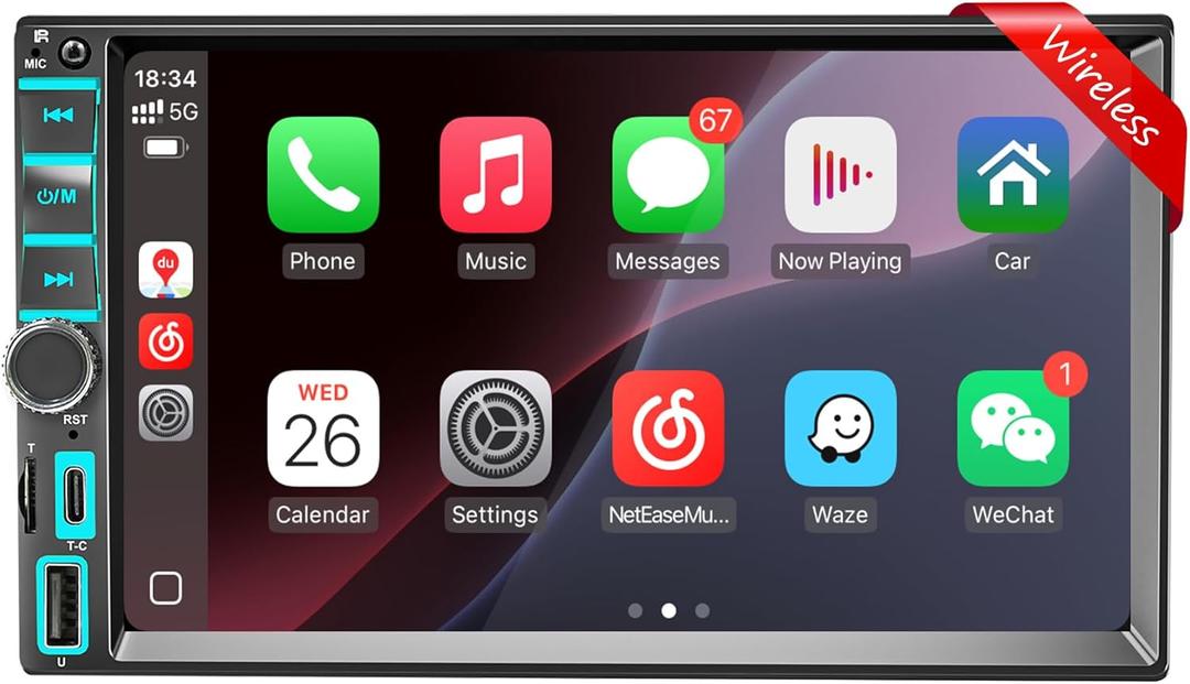 7" Wireless Apple CarPlay & Android Auto Double Din Car Stereo - 240W High-Power Sound, Touchscreen Bluetooth Receiver with USB-C/AUX/TF Ports, RDS/FM/AM Radio & MirrorLink HD Display - StyleA