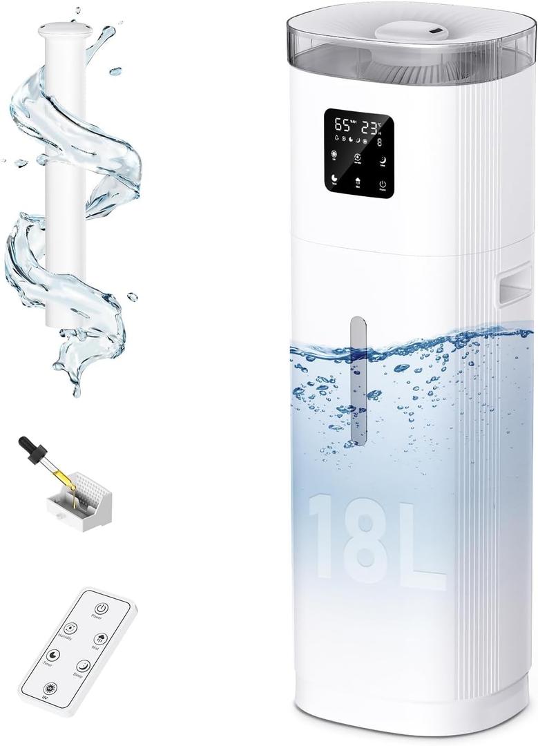 Humidifier Large Room, 4.8Gal/18L Top Fill Whole House Humidifier for 2000 sq.ft, 800ml/h Cool Mist, 30%-95% Custom Humidity, Extension Tube, Remote Control, Aroma Box, Movable Casters
