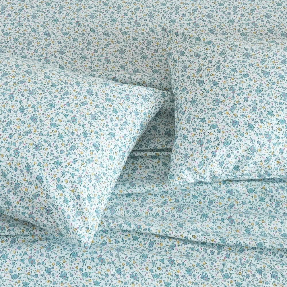 DAUAOTO 100% Cotton Bedding Printed Sheets Set for Queen Size Bed Up to 14" Deep Mattress, Ditsy Floral Pattern Bedlinen Sets, Blue