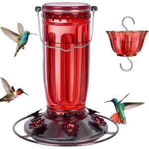 Kingsyard Glass Hummingbird Feeder for Outdoors Wild Bird Feeder with 6 Feeding Ports Hanging for Garden Yard, Red (Ant Moat Included)