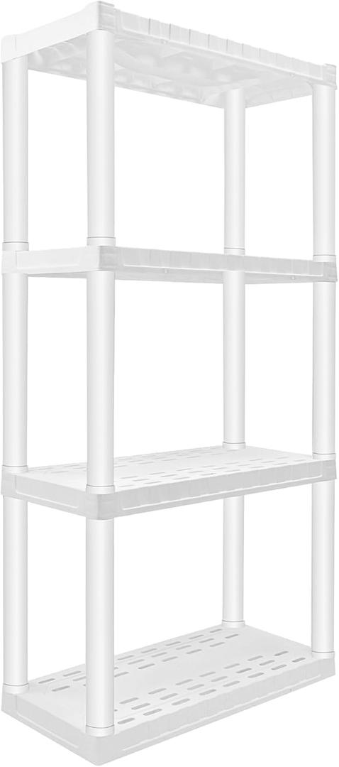 Oskar Heavy Duty Plastic Storage Shelves- for Garage, Kitchen, Bathroom Basement, Kids Room, Toys,Stackable 4-Tier White, Organizer Rack for Books Shoes, Pantry, Cleaning and Closet Organization