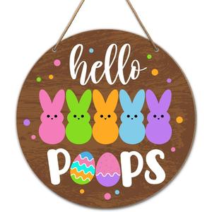 Easter Bunny Eggs Welcome Wood Hanging Sign Door Decorations for Home, Easter Hello Peeps Wooden Sign Decor for Home Office Front Door