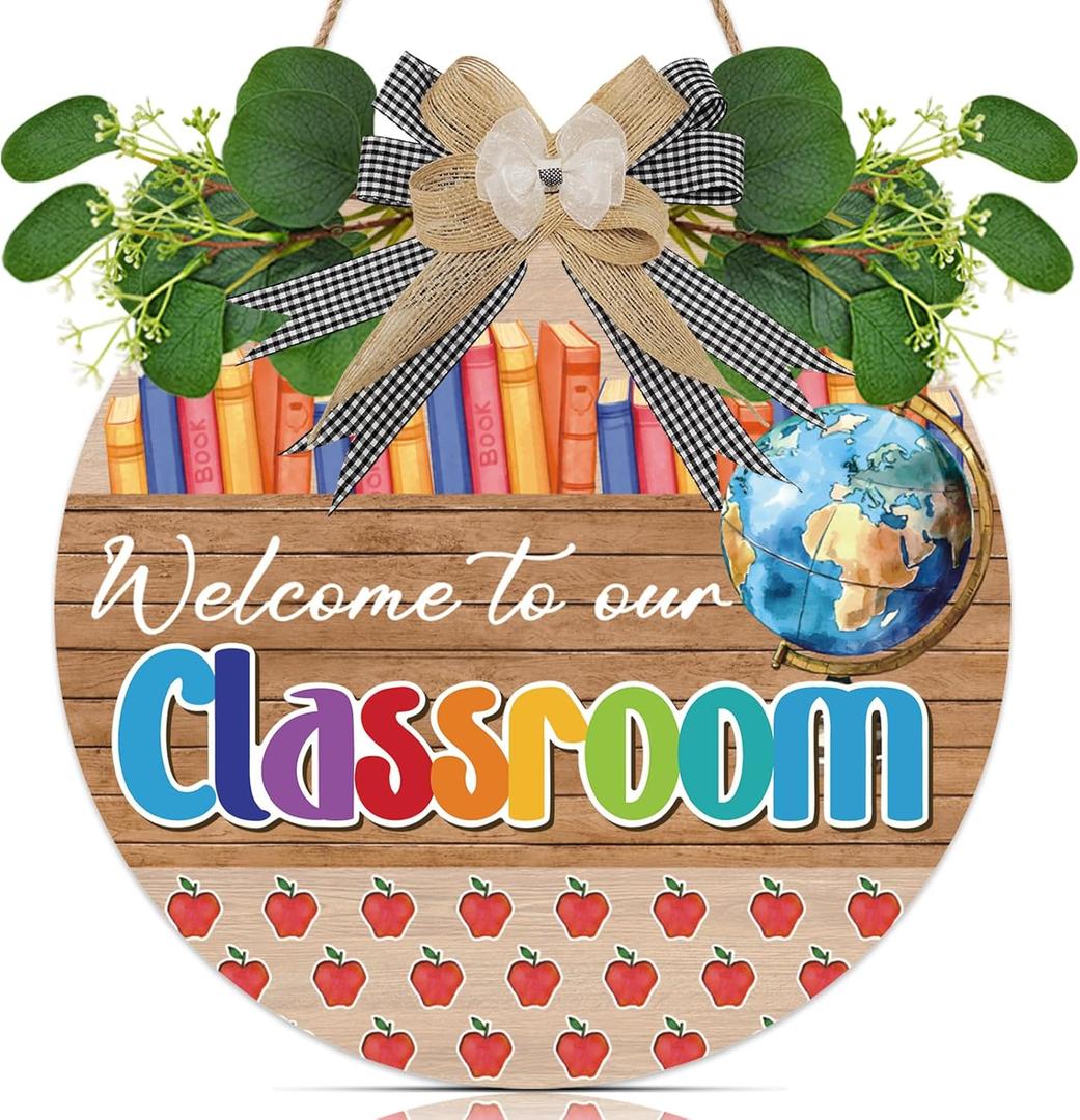 3D Classroom Door Sign,Welcome to Our Classroom Wreath,Teacher Door Sign,Welcome Back to School Decor Apple Book,First Day of School Wall Decoration for Kindergarten Preschool Playroom (Colourful & Light Brown)