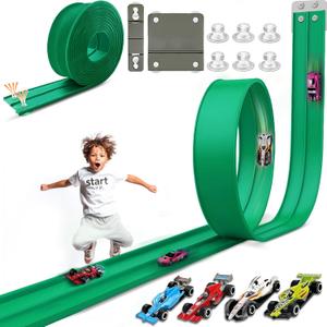 15.75 Ft Flex Track for Kids, Flexible Race Track Compatible with Hot Wheels and Diecast 1/64th Cars, Roll-Up Portable Race Car Ramp Track with Suction Cups & Track Anchors & 4 Race Cars, Green