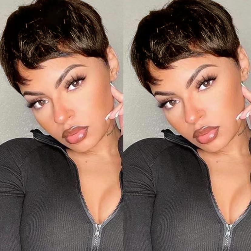 Pixie Cut Wig Human Hair Short Brown Human Hair Wigs for Black Women - Glueless Non Lace Machine Made Natural Straight Layered Cut Hair Pixie Wigs #4 Color 4 inch