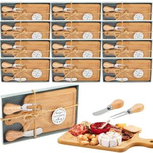 Ziliny 12 Set Bridal Baby Shower Cheese Prizes Wooden Square Board Gift Set Knives Forks Thank You Tags with Box for Guests for Valentines Bridal Baby Shower Housewarming Gifts (Bamboo Color)