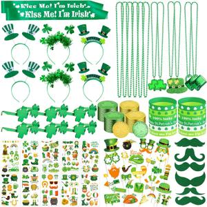 210Pcs St. Patrick's Day Accessories Decorations Bulk Party Favors Set Necklaces Bracelets Shamrock Glasses Headbands Photo Props Mustaches Coins Tattoo Stickers Irish Sash