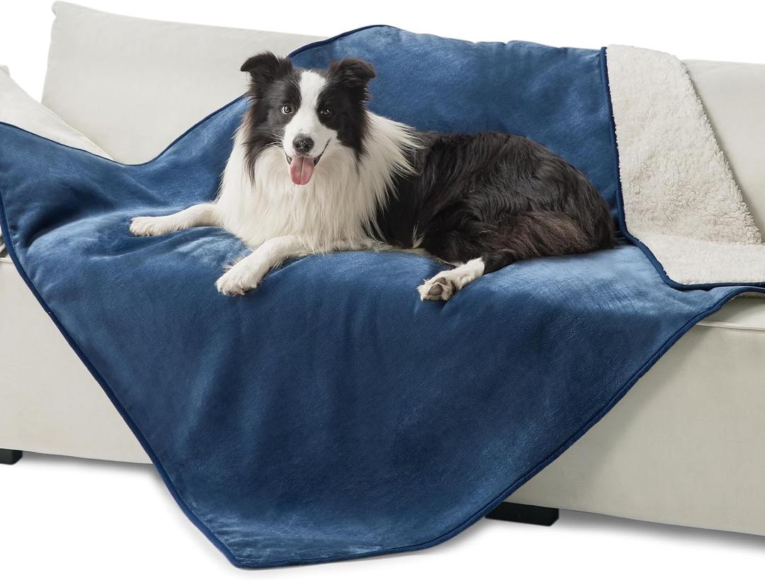 Bedsure Waterproof Dog Blankets for Extra Large Dogs - XL Cat Blanket Washable for Couch Protection, Sherpa Fleece Puppy Blanket, Soft Plush Reversible Throw Furniture Protector, 50"x60", Blue
