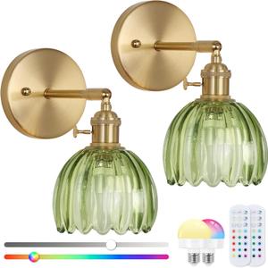 Vintage Wall Sconce Set of Two, Battery Operated Wall Sconce with Deep Green Tulip Glass Lampshade Rechargeable Wall Light with Remote Control for Bedroom,Living Room, Hallway, Aisle