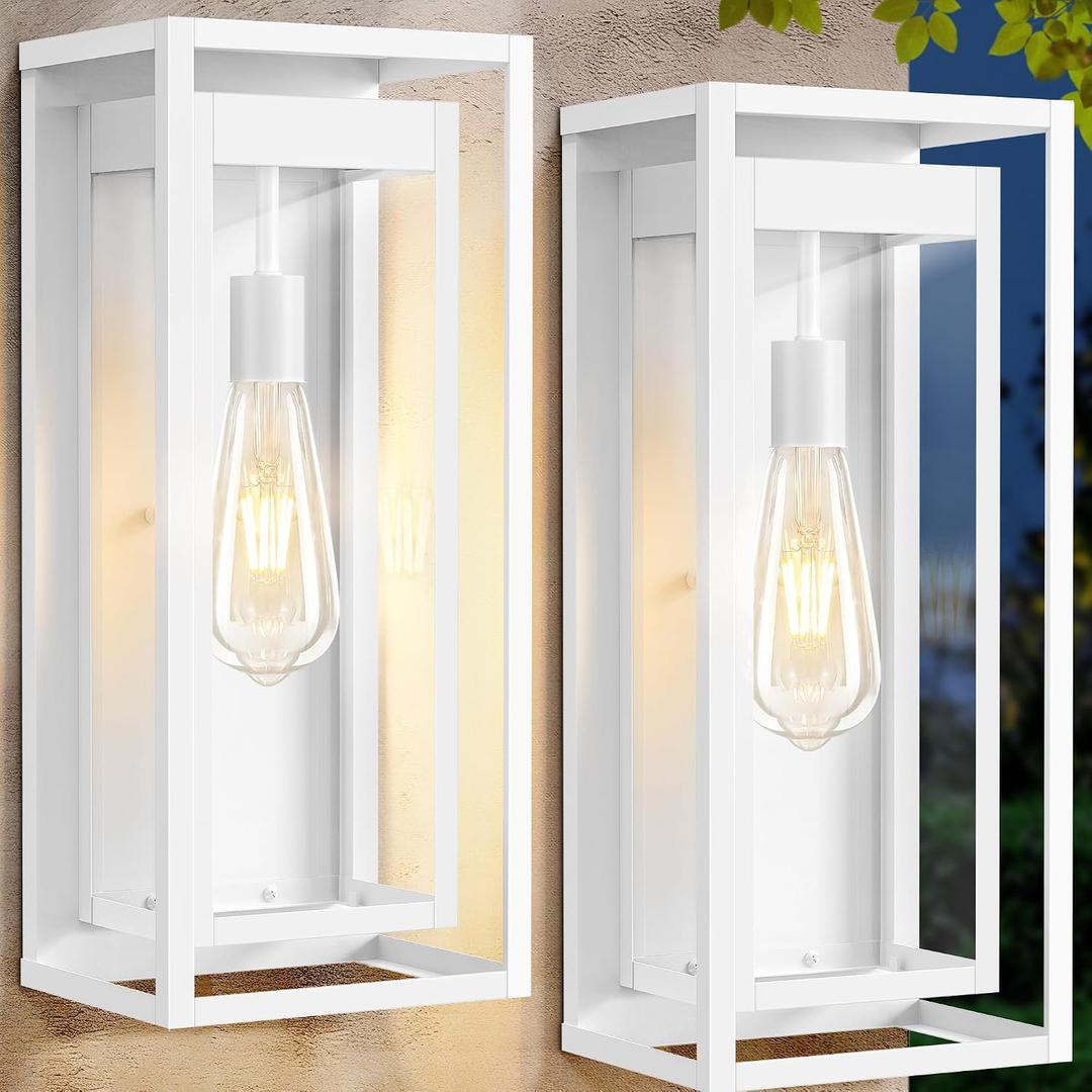 Large Outdoor Wall Sconce 2 Pack, 19" White Outdoor Light Fixture, Exterior Lighting Fixtures Anti-Rust Porch Lights with Clear Glass for Front Door, Garage