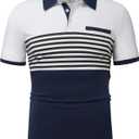 Hardaddy Men's Striped Polo Shirt Short Sleeve Casual Color Block Graphic Tee Collared Golf Shirts for Men (Blue, XXXL)