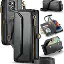 Strapurs Wallet Case Compatible with iPhone RFID Blocking 7-Card Holder Soft PU Leather Magnetic Snap Shoulder Strap Zipper Pocket Phone Case Fit for iPhone - Black