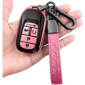 for Honda Key fob Cover with Leather Keychain Soft TPU Full Cover Protection,for 2022 2023 2024 2025 Civic Accord HR-V Pilot CR-V,5-Buttons Key Fob Shell(Pink)