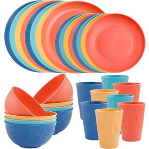 LIYH 32 Pcs Wheat Straw Dinnerware Sets - Plastic Plates and Bowls Set,Reusable Plastic Plates,Dishes Set for 8,Unbreakable & Dishwasher Dinnerware Stes,Thanksgiving Halloween Fall Decor (Yellow Orange Blue Nave Blue)