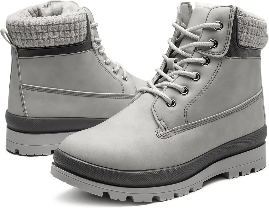 Waluzs Womens White Winter Snow Boots Combat Boots for women Waterproof Fur Lined Ankle Booties Non Slip Fuzzy Warm Platform Boots Lace Up Hiking boots with Zipper(Grey,US7)