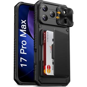Vihibii for iPhone 17 Pro Max Case with Card Holder (4 Cards) [RFID Blocking] & Slide Camera Cover, Military Grade Drop Protection, Rugged Hard Back & Silicone Edge Wallet Phone Case 6.9" 2025, Black