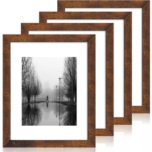 iRahmen 11x14 Picture Frame Set of 4 with Tempered Glass, Rustic Frame Display 8x10 Pictures with Mat or 11 x 14 Without Mat, Wooden Photo Frames for Wall Mounting (Dark Brown)