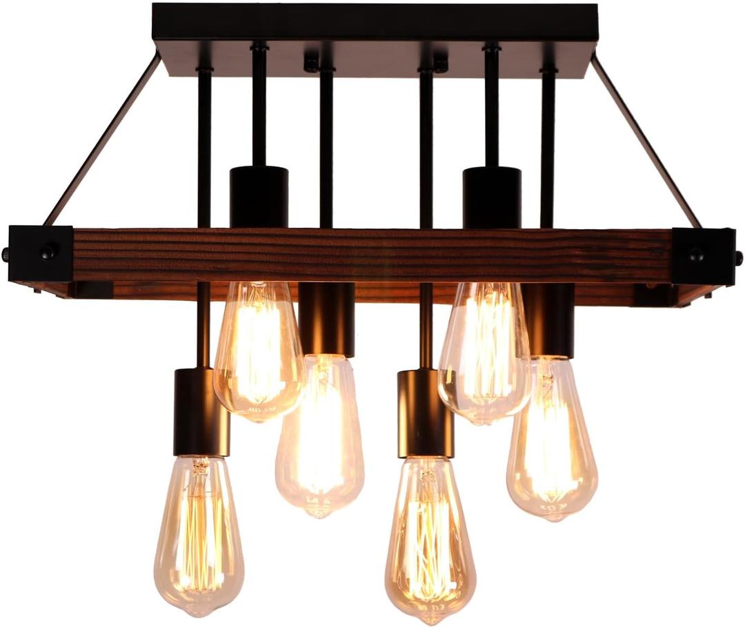 Farmhouse Semi Flush Mount Ceiling Light Fixture, Lights for Bedroom, Black Metal and Wood Kitchen Light Fixtures with 6 E26 Bulb Sockets, Hallway Light Fixtures, Lamps for Living Room