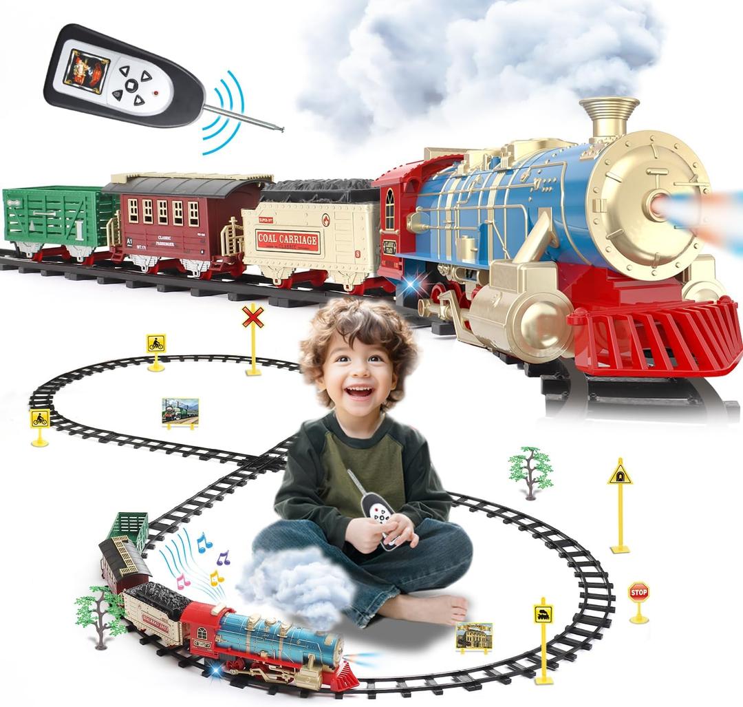 JQ JUQU Remote Control Train Set for Kids Ages 3-8, Electric Toy Train with Steam, Lights & Sounds, Includes 17 Tracks & Rechargeable Battery for Indoor Play