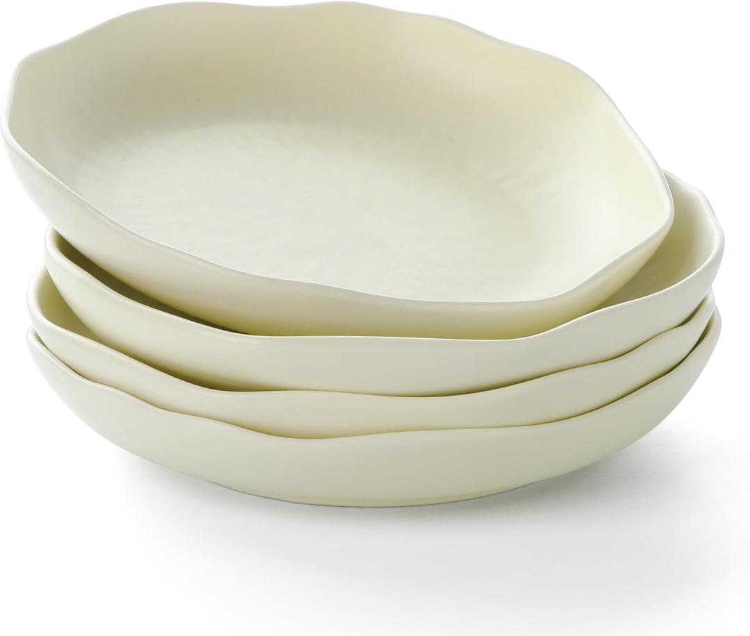 Pasta Bowls Set of 4, Ceramic 24.5oz Serving Salad Bowl, Large 8.5 inch Wide Shallow Soup Bowls with Wavy Rim, Easy to Clean, Oven Microwave Dishwasher Safe for Fruit Pasta Salad Dinner -Beige