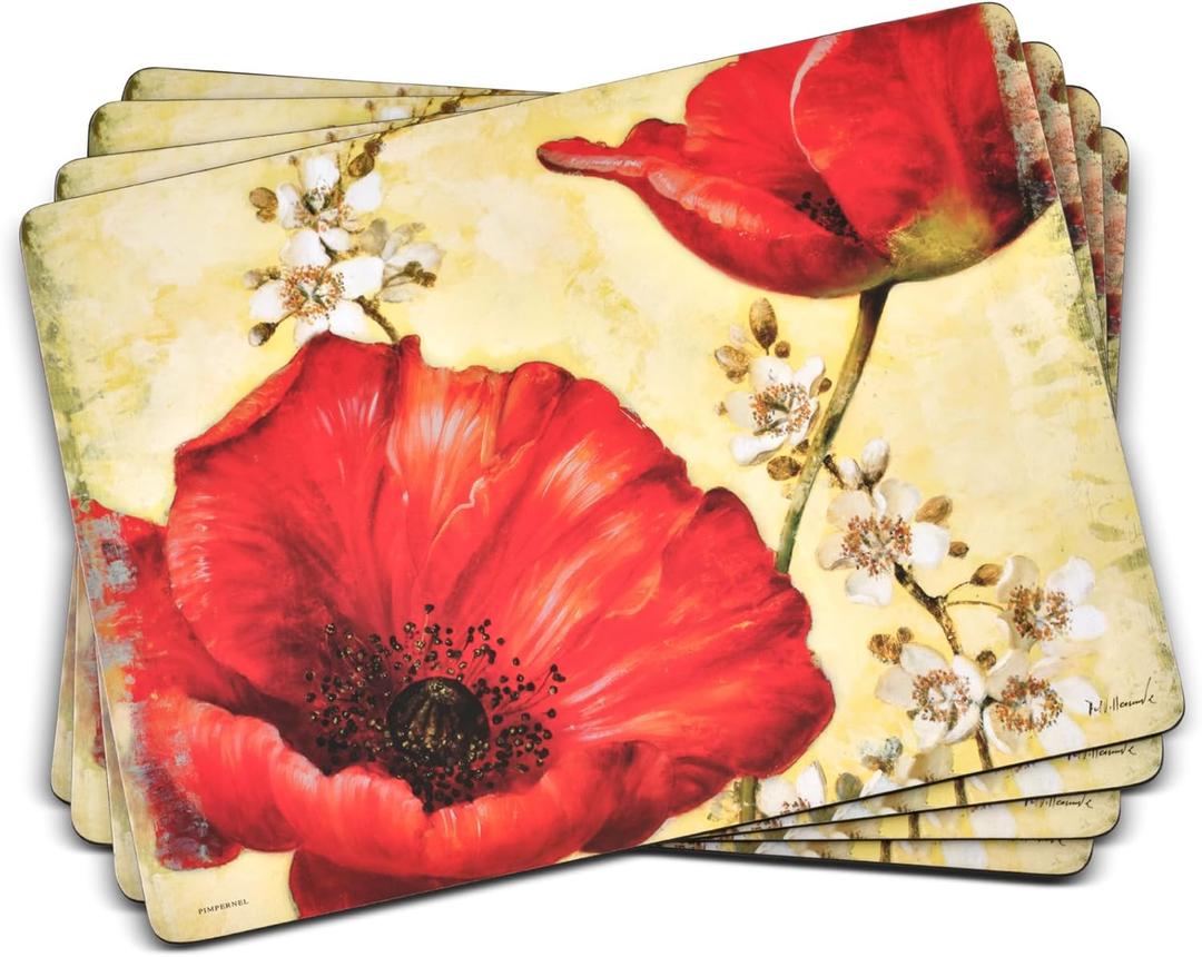 Pimpernel Poppy de Villeneuve Placemats - Set of 4 (15.7 x 11.7), Cork, Elegant Floral Design, Durable & Easy to Clean, Great for Dining Tables, Adds Sophistication to Any Meal