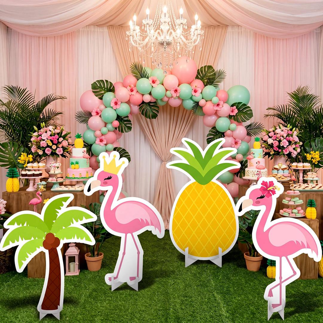 Honoson 4 Pcs 21.8" x 29.7" Large Tropical Flamingo Cardboard Cutouts, Pink Flamingo Birthday Decoration Yard Signs Standee for Hawaiian Summer Beach Luau Party Supplies Bachelorette Pineapple