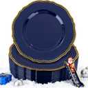 Hioasis 60pcs Blue Plastic Plates - Blue and Gold Disposable Dinnerware with Gold Rim, Heavy-duty, 7.5 inch, Dessert Plates for Party & Christmas