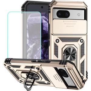 Case for Pixel 8A Case, Google 8A Case with Tempered Glass Screen Protector and Slide Camera Cover, 360 Rotate Ring Stand Magnetic Cover for Google Pixel 8A Gold