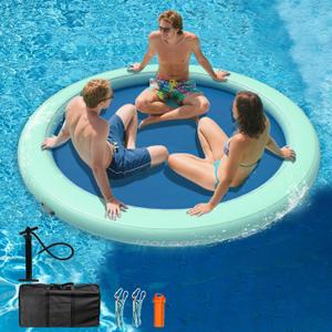 Inflatable Water Hammock 3.6FT/6FT/8FT Round Float Ring, Adults Heavy Duty River Inflatable Stable Platform Raft Water Floating Docks Mat for Lake and Pool (Mint Green+Blue (8' Circle))