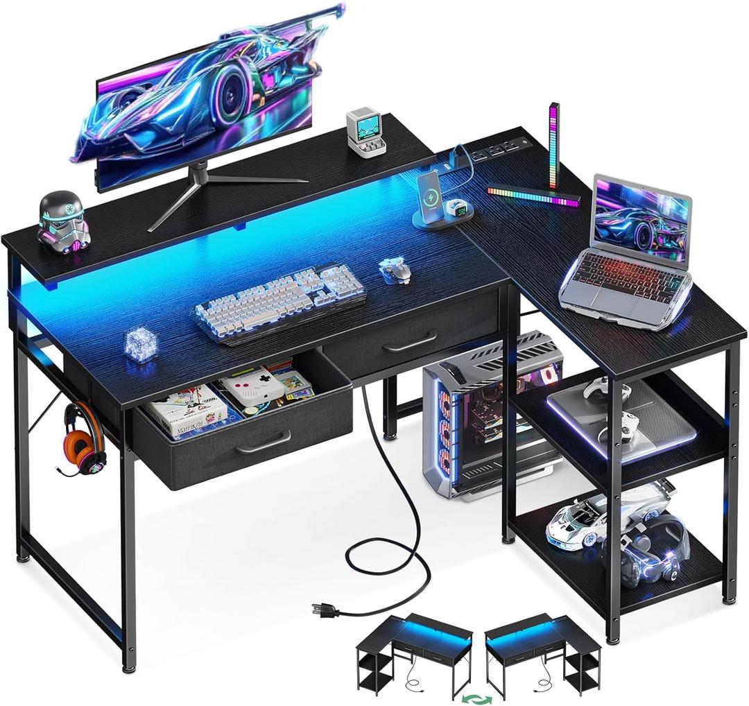 Coleshome 40 Inch L Shaped Gaming Desk with 2 Drawers & Storage Shelves, Computer Desk with USB Ports, Study Writing Table for Bedroom, Simple Modern Laptop Desk for Home Office, Black (40 Inches)