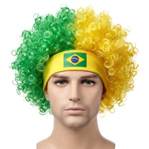 RAINFLOW Curly Afro Wig for Men - Brazil Short Curly Hair Costume with Headband, Colorful Crazy Party Accessory for Adults, World Cup Soccer Fan Halloween Cosplay (Yellow and Green)