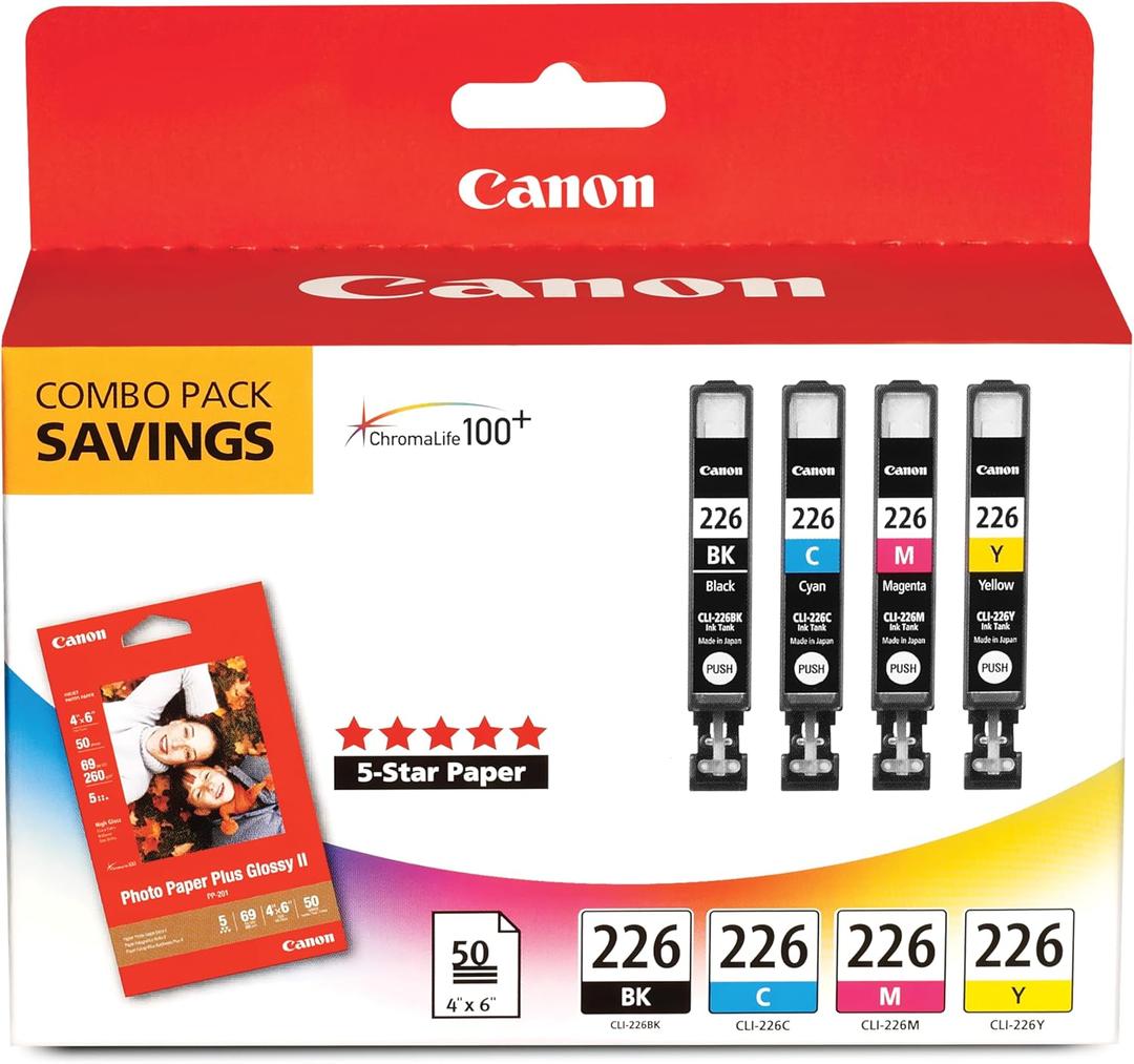 Canon CLI-226 Genuine Color Pack with 50 Photo Paper Sheets, Compatible with iP4820, MG5220, MG5120, MG6120, MG8120, MX882, iX6520, iP4920, MG5320, MG6220, MG8220, and MX892 Printers