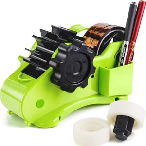 Green Packaging Tape Dispenser with Compartment Slot and 1"& 3" Dual-roll cores,semi-Automatic Desk 3/4" Heat Tape Dispenser & Cut, Designed for Office,School and Warehouse.