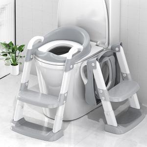 Potty Training Seat with Step Stool Ladder, Toddler Potty Training Toilet for Boys Kids, Potty Chair Adjustable Potty Seat for Toilet with Anti-Slip Wide Steps Splash Guard Safety Handles (Grey)