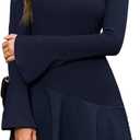 Wenrine Womens Long Bell Sleeve Mini Dress Casual Mock Neck Ruffle Hem Slim Fit Fall Knit Dresses (Medium, Navy)