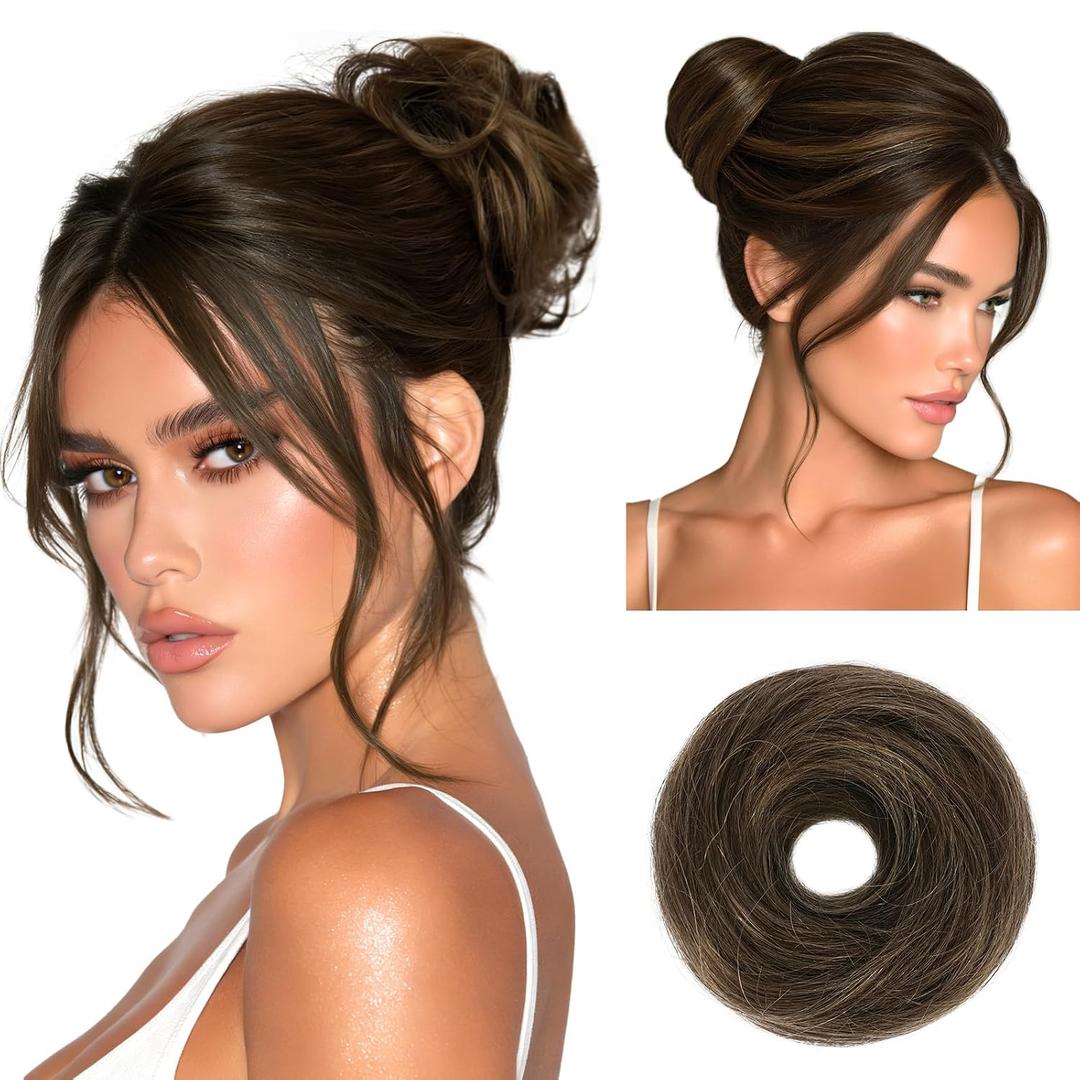 RUWISS Small Messy Bun Hair Piece Human Hair, One Hairpiece Two Styles Mini Natural Looking Scrunchies Updo for Daily, Hair Buns for Thin & Fine Hair Women Ponytail Extension (Brown Mixed)