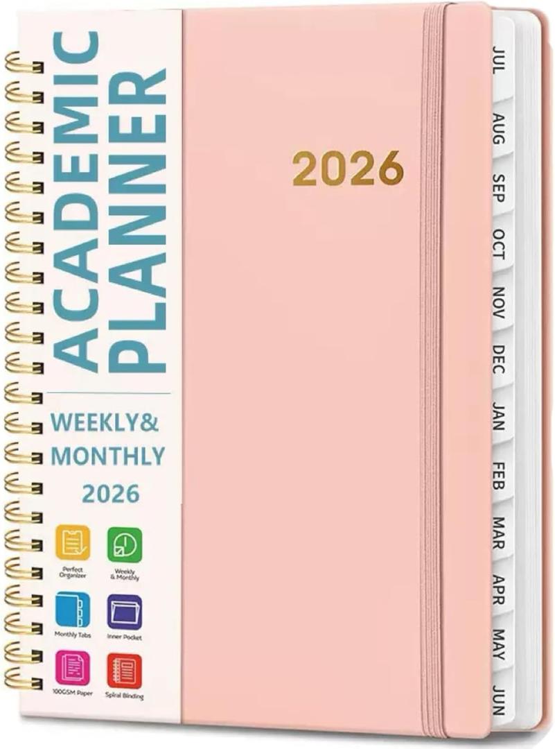 Academic Planner 2026 - Hardcover Weekly & Monthly Calendar Agenda, Daily Planner for Students & Teachers, 8.5" x 6.3" Portable Size Daily Agenda Book with Tabs, College Organizer Notebook (pink)