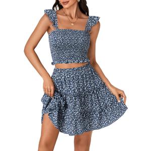LYANER Women's 2 Piece Outfits Summer Flora Print Smocked Cami Crop Top and Mini Skirt Set for Vacation