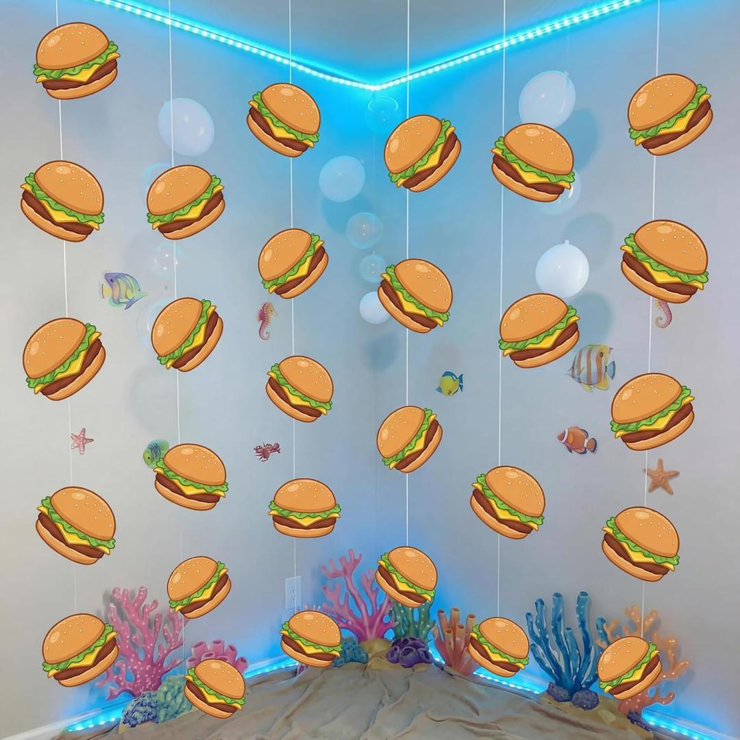 Preboun 24 Pcs Sponge Cartoon Themed Party Decorations 3.94 Inches Hamburger Hanging Swirls Cartoon Ocean Theme Hanging Decor Under the Sea Decoration for Baby Shower Birthday Supplies