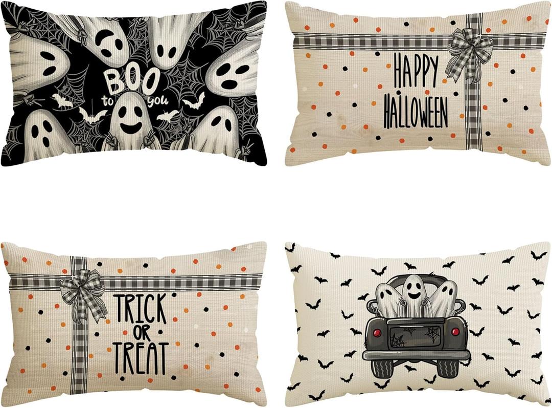 Happy Halloween Pillow Covers Trick or Treat Ghosts Truck Bats Lumbar Pillow Cases Set of 4 Autumn Decorations for Farmhouse Home Bedroom Sofa Couch Outdoor Holiday Decor 12x20 Inch