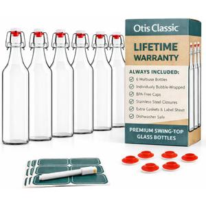 Otis Classic Swing Top Glass Bottles - Set of 6, 16oz w/Marker & Labels - Clear Bottle with Caps for Juice, Water, Kombucha, Wine, Beer Brewing, Kefir Milk or Eggnog