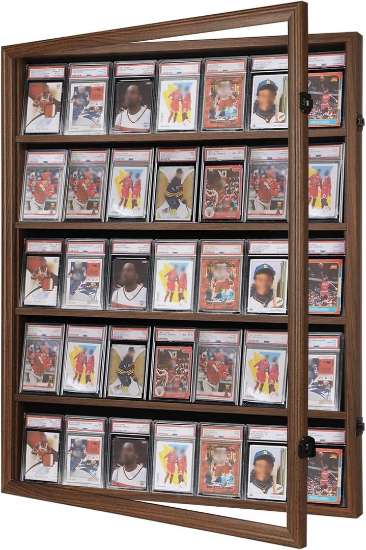 VERANI Baseball Display Case - 35 Graded Sports Card Frame - Holds Cards With UV Protection Clear View Lockable Wall Cabinet for Football Basketball Hockey Trading, Walnut (Large-Vertical-Walnut-Blacklock)