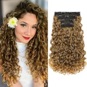 REECHO Clip in Hair Extensions - 4PCS 18" GoGo Curly Hair Extensions 100% Super Protein Hairpieces with Invisible Lace Weft Silky Soft Natural Look for Women - Mocha Foil with Lighter Ends