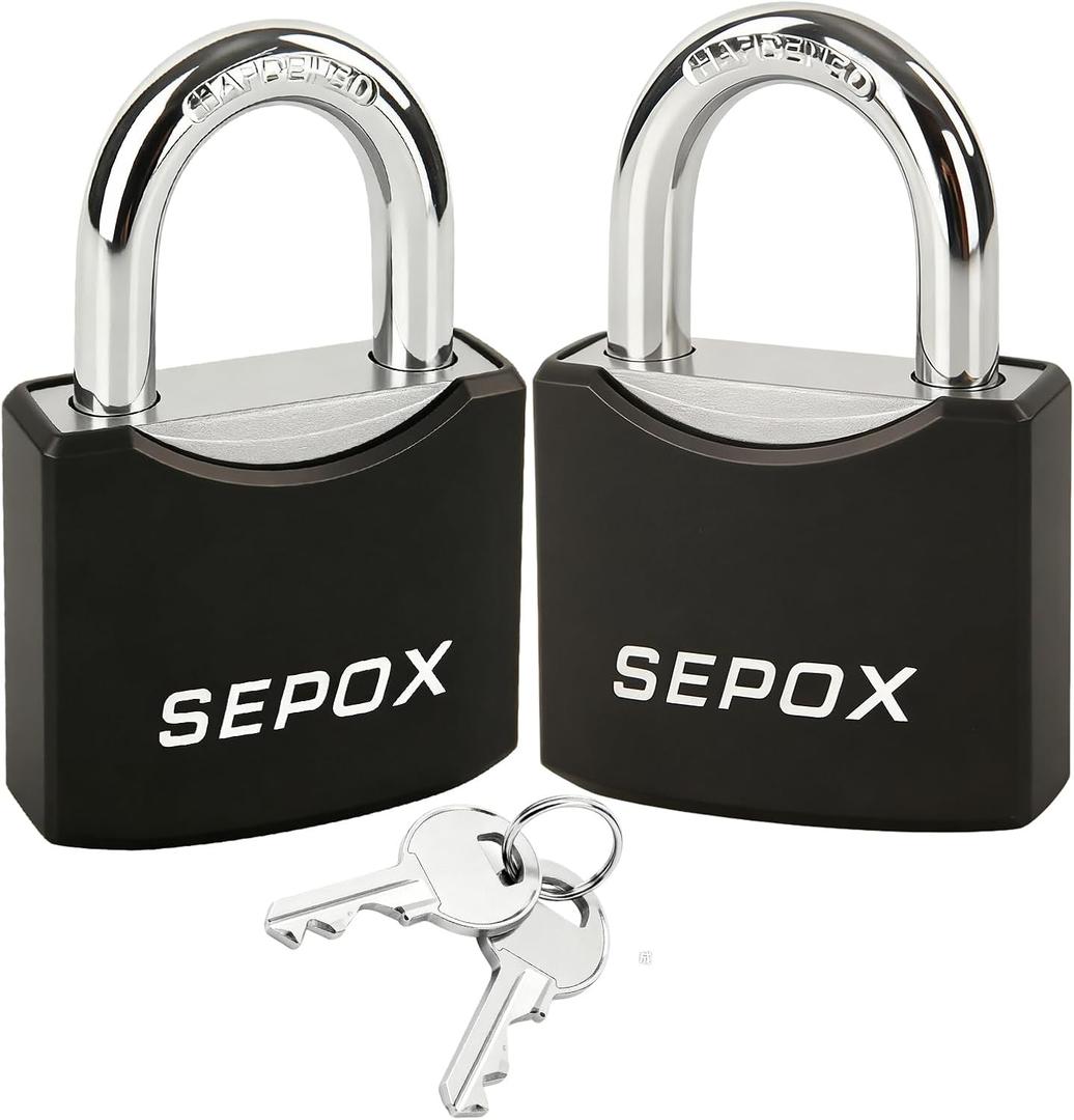 SEPOX 2 Pack Padlocks with Keys Heavy Duty Outdoor Weatherproof Padlock Set 1 9/16 Inch Solid Steel Locks Keyed Alike for Gate Fence Toolbox Gym Locker Storage Shed, Black Coated with Same Key