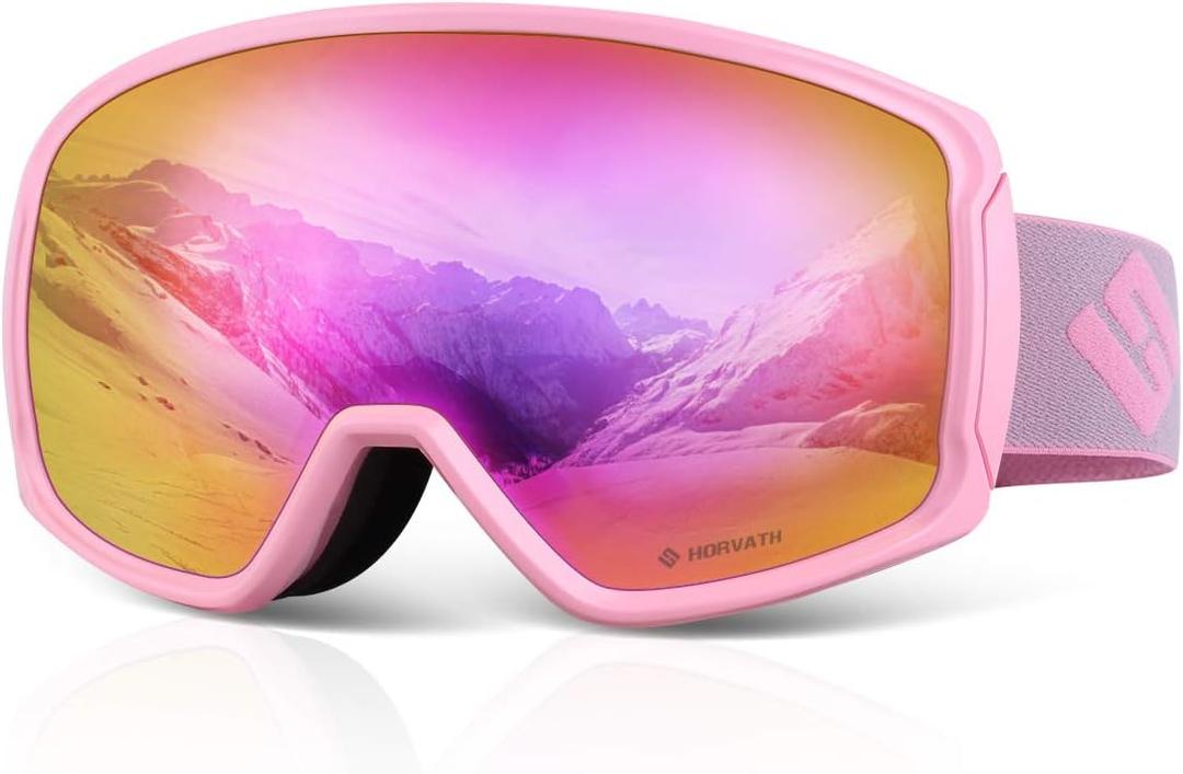Ski Snowboard OTG Goggles, HD Mirrored Anti-Fog Goggle for Men Women (Vlt 15% / Pink Lens / Pink Frame)