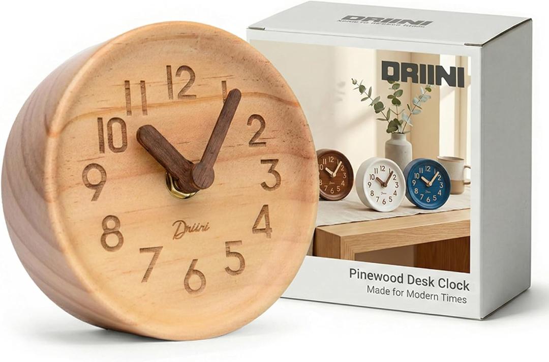 Driini Wooden Analog Desktop Clock 4.3 in. Decorative Pinewood, No-Tick Design Easy to Read Silent Sweep Mantle Clock Quiet Tabletop Clocks with Wood Body, Hands, & Battery Cover; Light
