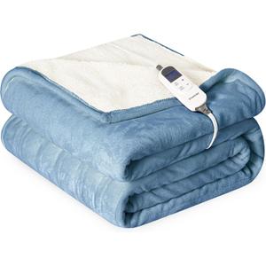Heat Blanket 50x60 Throw,Soft Flannel & Sherpa Reversible Electric Blanket with 10 Heat Settings,12 Timer Setting and 3 Hours Auto-Shut Off,ETL Certified Machine Washable,Light Blue